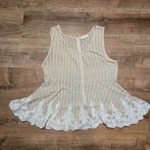 A'Reve Beige Tank Top with White Lace Hem